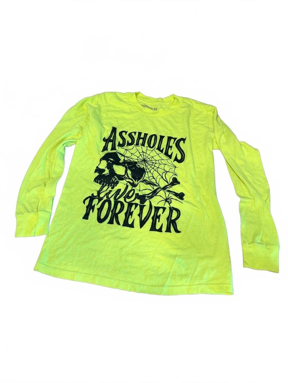 Assholes Live Forever Neon Yellow Skull Graphic Long Sleeve Tee Size Small